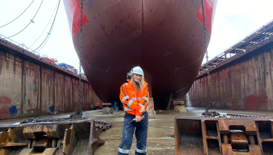 Scarlett Barnett-Smith in front of RRS Sir David Attenborough. Credit: Scarlett Barnett-Smith Image:Scarlett Barnett-Smith in front of RRS Sir David Attenborough. Credit: Scarlett Barnett-Smith