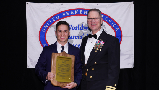 The crew of USNS Yuma was represented at the awards ceremony by Third Mate Steven Shields (left), a member of MM&P. Image:The crew of USNS Yuma was represented at the awards ceremony by Third Mate Steven Shields (left), a member of MM&P.