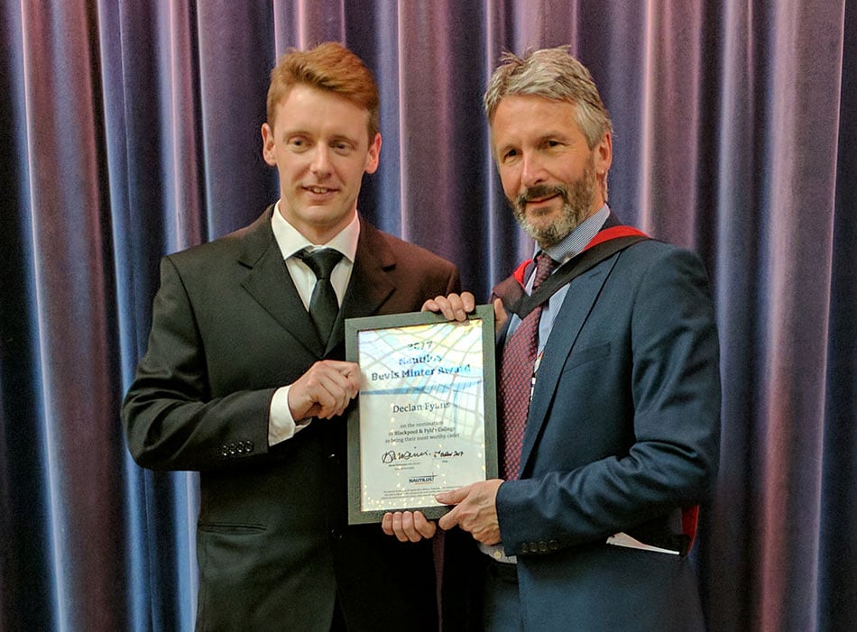 Bevis Minter winner 2017 Declan Fyans presented with his award by Nautilus head of communications Andrew Linington. Image:Bevis Minter winner 2017 Declan Fyans presented with his award by Nautilus head of communications Andrew Linington.