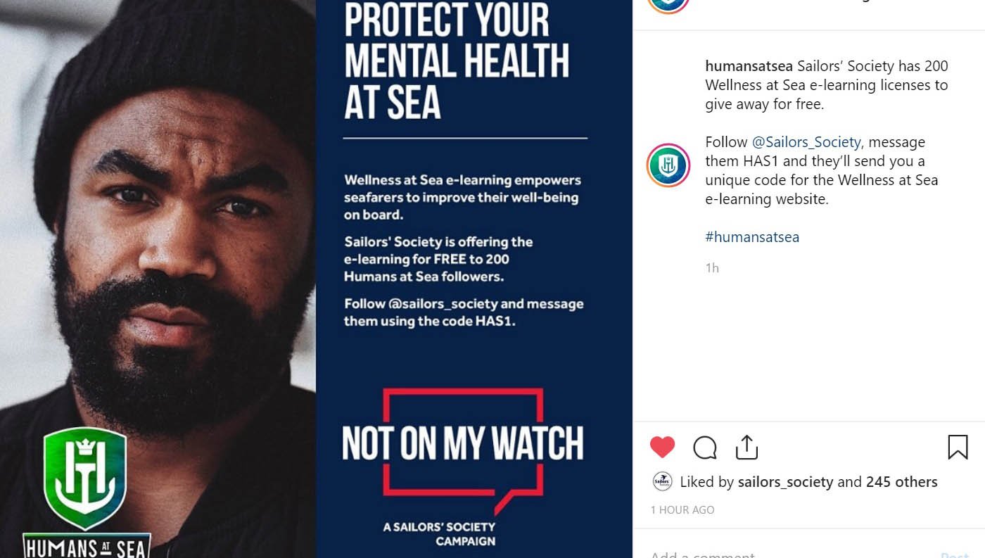 Sailors' Society is giving away 200 free e-licenses to its mental health training package. Image:Sailors' Society is giving away 200 free e-licenses to its mental health training package.
