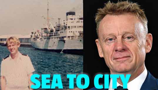 Rod Johnson today right, and as a young man in 1980 with his first ship, the Dwarka. Image:Rod Johnson today right, and as a young man in 1980 with his first ship, the Dwarka.