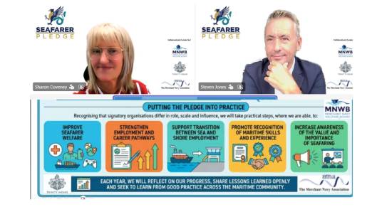 Image:Sharon Coveney and Steven Jones at a maritime webinar introducing the five pillars of the Seafarer Pledge concept. Images: Nautilus International/MNWB
