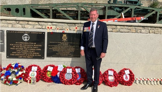 Ian Hunter at the Arromanches memorial, where he laid a wreath in honour of his father Donald Hunter, who during his lifetime fundraised to set up the French memorial as well as a larger monument in the UK. Images: courtesy of Ian Hunter Image:Ian Hunter at the Arromanches memorial, where he laid a wreath in honour of his father Donald Hunter, who during his lifetime fundraised to set up the French memorial as well as a larger monument in the UK. Images: courtesy of Ian Hunter