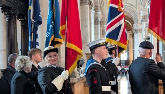 Bevis Minter awardee Amilia Busby carries the Merchant Navy Standard during the ANSS service 2025 at St Paul's Cathedral in London. Images: Amilia Busby Image:Bevis Minter awardee Amilia Busby carries the Merchant Navy Standard during the ANSS service 2025 at St Paul's Cathedral in London. Images: Amilia Busby