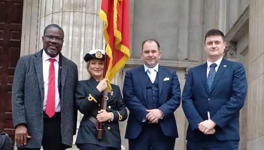 Some of the Nautilus contingent at the 2024 ANSS service outside St Paul's Cathedral, London. Including L-R: Nautilus deputy general secretary Olu Tunde; 2024 Bevis Minter Award recipient Scarlett Barnett-Smith; the Union's director of welfare and care Andrew Jones; and Nautilus director of organising Martyn Gray. Image: Nautilus International Image:Some of the Nautilus contingent at the 2024 ANSS service outside St Paul's Cathedral, London. Including L-R: Nautilus deputy general secretary Olu Tunde; 2024 Bevis Minter Award recipient Scarlett Barnett-Smith; the Union's director of welfare and care Andrew Jones; and Nautilus director of organising Martyn Gray. Image: Nautilus International