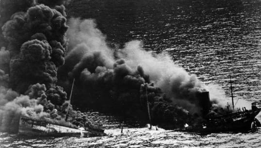 Allied tanker being torpedoed during the Battle of the Atlantic. Image: BOAM/NARA Image:Allied tanker being torpedoed during the Battle of the Atlantic. Image: BOAM/NARA