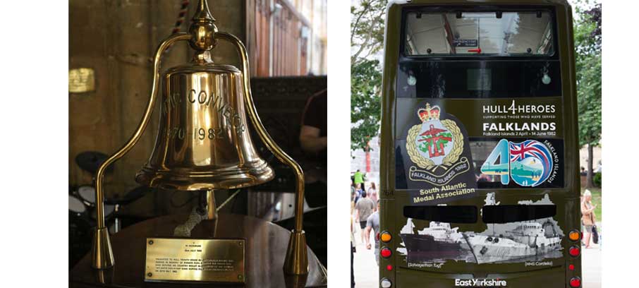 Left: Trinity House Hull opened its doors to the public for the weekend, and visitors saw this bell which remembers a former cadet who lost his life in the Falklands. Right: A local bus which was specially painted for the Hull Falklands 40 weekend Image:Left: Trinity House Hull opened its doors to the public for the weekend, and visitors saw this bell which remembers a former cadet who lost his life in the Falklands. Right: A local bus which was specially painted for the Hull Falklands 40 weekend