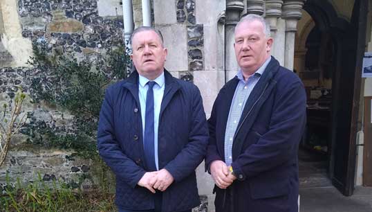 L-R: Nautilus head of industrial Micky Smyth with P&O Ferries liaison officer Phil Lees following the 2022 Herald of Free Enterprise service marking the 35th anniversary of the tragedy. Images: Nautilus International Image:L-R: Nautilus head of industrial Micky Smyth with P&O Ferries liaison officer Phil Lees following the 2022 Herald of Free Enterprise service marking the 35th anniversary of the tragedy. Images: Nautilus International