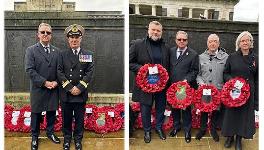 Nautilus general secretary Mark Dickinson (left) laid a wreath at the Merchant Navy memorial, at Tower Hill, London. With him is RFA Commodore David Eagles. Also at Tower Hill, L-R are: Oleg Grigoryuk chair of the Maritime Trade Union of Ukraine; Mr Dickinson; Mark Carden assistant national secretary of the RMT; and Sarah Treseder CEO at the UK Chamber of Shipping. All images: Nautilus International Image:Nautilus general secretary Mark Dickinson (left) laid a wreath at the Merchant Navy memorial, at Tower Hill, London. With him is RFA Commodore David Eagles. Also at Tower Hill, L-R are: Oleg Grigoryuk chair of the Maritime Trade Union of Ukraine; Mr Dickinson; Mark Carden assistant national secretary of the RMT; and Sarah Treseder CEO at the UK Chamber of Shipping. All images: Nautilus International