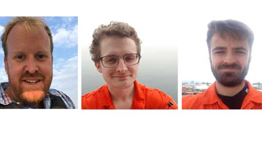 The seafaring fundraisers from left: master Steve Tindale, chief officer Tommy Weir, and second officer James Pine. Image:The seafaring fundraisers from left: master Steve Tindale, chief officer Tommy Weir, and second officer James Pine.