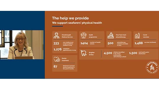 During 2021 the Seafarers Hospital Society has been able to support almost 4,000 people, SHS CEO Sandra Welch told the seminar. Image: Seafarers Hospital Society Image:During 2021 the Seafarers Hospital Society has been able to support almost 4,000 people, SHS CEO Sandra Welch told the seminar. Image: Seafarers Hospital Society
