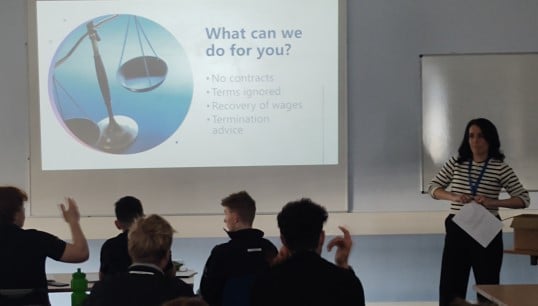 Image:Yacht organiser Laura Hesketh presenting to cadets during her 2026 visit to UKSA> Image: Nautilus International