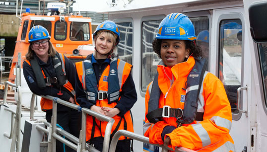 PLA apprentice intakes from March 2021 : marine engineering apprentice Rosie Arrowsmith and marine operative apprentices Clemence Barbey and Beauty Marshall. Image: PLA Image:PLA apprentice intakes from March 2021 : marine engineering apprentice Rosie Arrowsmith and marine operative apprentices Clemence Barbey and Beauty Marshall. Image: PLA