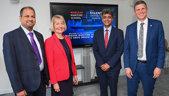 At the launch event for the Warsash MASS Research Centre, L-R: Associate Professor Zakirul Bhuiyan, vice-chancellor Professor Karen Stanton, Professor Syamantak Bhattacharya, Warsash Maritime School director Lars Lippuner CREDIT: Solent University Image: At the launch event for the Warsash MASS Research Centre, L-R: Associate Professor Zakirul Bhuiyan, vice-chancellor Professor Karen Stanton, Professor Syamantak Bhattacharya, Warsash Maritime School director Lars Lippuner CREDIT: Solent University