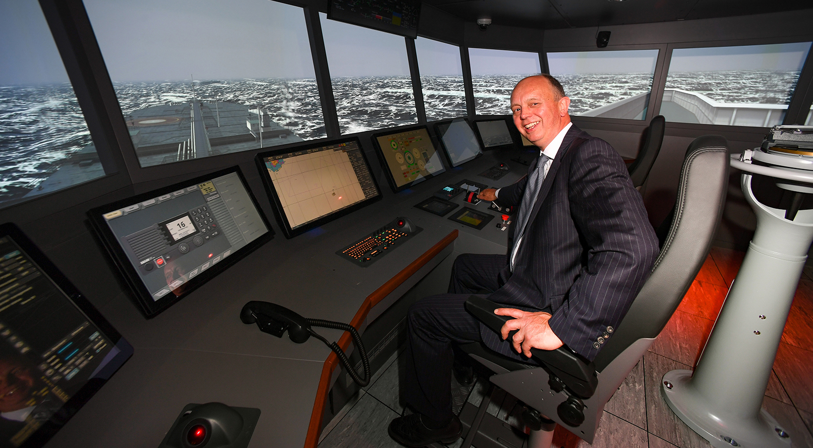 UK Chamber of Shipping president Sir Michael Bibby at the main bridge simulator in the new Warsash School of Maritime Science and Engineering centre at Solent University in Southampton. Image:UK Chamber of Shipping president Sir Michael Bibby at the main bridge simulator in the new Warsash School of Maritime Science and Engineering centre at Solent University in Southampton.