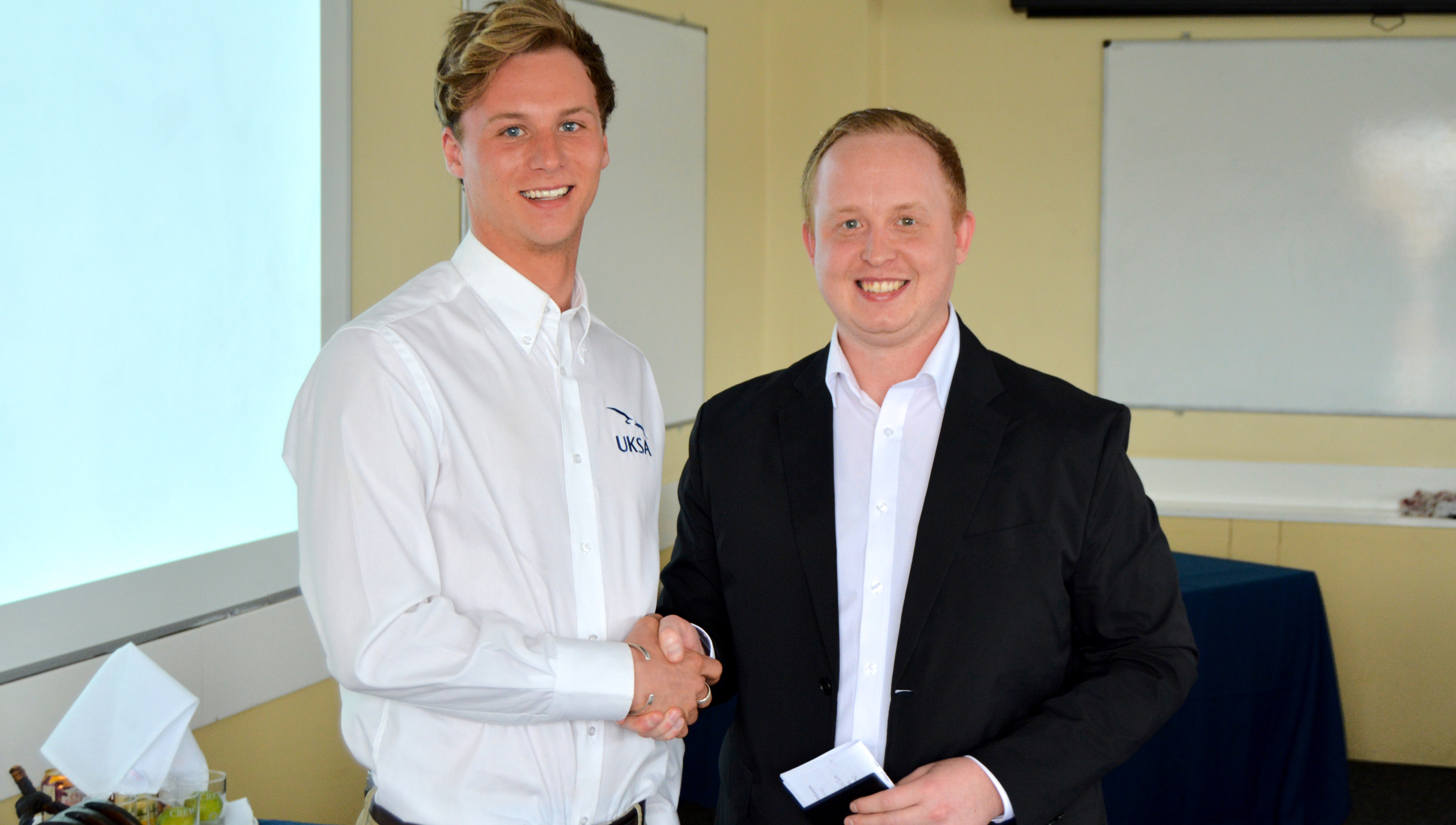 Jean Paul Baudains, who is training at the UKSA facility in the Isle of Wight, is congratulated by Nautilus international organiser Danny McGowan. Image:Jean Paul Baudains, who is training at the UKSA facility in the Isle of Wight, is congratulated by Nautilus international organiser Danny McGowan.