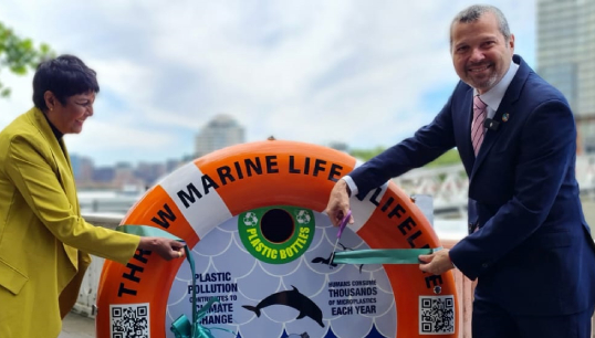 IMO secretary-general Arsenio Dominguez (right) alongside GreenSeas Trust founder Fazilette Khan, unveiling the latest BinForGreenSeas on the River Thames. Image: Nautilus International Image:IMO secretary-general Arsenio Dominguez (right) alongside GreenSeas Trust founder Fazilette Khan, unveiling the latest BinForGreenSeas on the River Thames. Image: Nautilus International