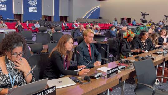 The ITF's Juman Kubba delivering the closing statement for trade unions at COP27. Image: ITF Image:The ITF's Juman Kubba delivering the closing statement for trade unions at COP27. Image: ITF