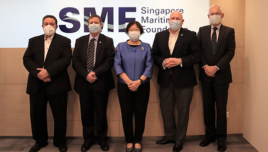 Supporting a just transition for maritime workers during Singapore Maritime Week, L-R: ITF Seafarers Section chair David Heindel; ICS secretary general Guy Platten; Singapore Maritime Foundation executive director Tan Beng; ITF general secretary Stephen Cotton; ICS chair Esben Poulsson. Image: ICS Image:Supporting a just transition for maritime workers during Singapore Maritime Week, L-R: ITF Seafarers Section chair David Heindel; ICS secretary general Guy Platten; Singapore Maritime Foundation executive director Tan Beng; ITF general secretary Stephen Cotton; ICS chair Esben Poulsson. Image: ICS