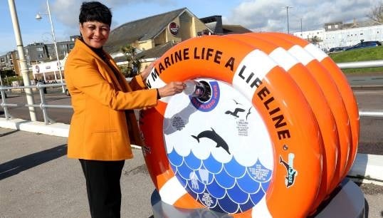 Fazilette Khan with the Bognor Regis BinForGreenSeas. Image: GreenSeas Trust Image:Fazilette Khan with the Bognor Regis BinForGreenSeas. Image: GreenSeas Trust