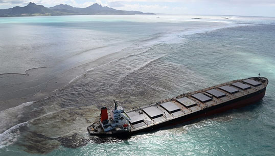 Panamanian-registered, Japanese-owned bulk carrier MV Wakashio after it ran aground in Mauritius. Image: Twitter, Mauritian writer Ariel Saramandi Image:Panamanian-registered, Japanese-owned bulk carrier MV Wakashio after it ran aground in Mauritius. Image: Twitter, Mauritian writer Ariel Saramandi