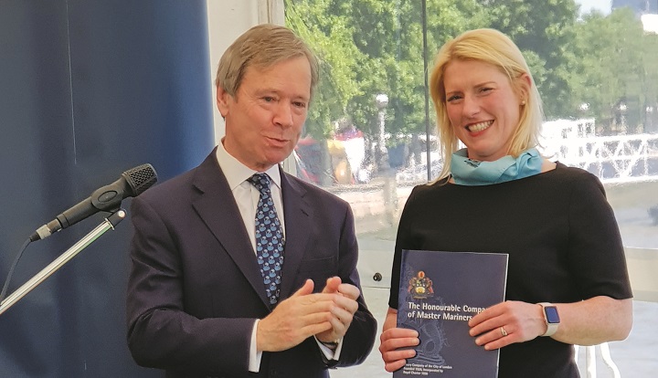 Susie Thomson is presented with her Chartered Master Mariner award by Lord Mountevans, former Lord Mayor of the City of London. Image:Susie Thomson is presented with her Chartered Master Mariner award by Lord Mountevans, former Lord Mayor of the City of London.