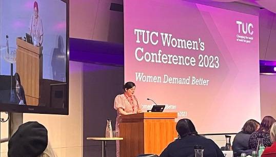 Nautilus Council member Catherine Wannell speaking about female seafarer health challenges at TUC Women's Conference 2023. Image: Nautilus International Image:Nautilus Council member Catherine Wannell speaking about female seafarer health challenges at TUC Women's Conference 2023. Image: Nautilus International