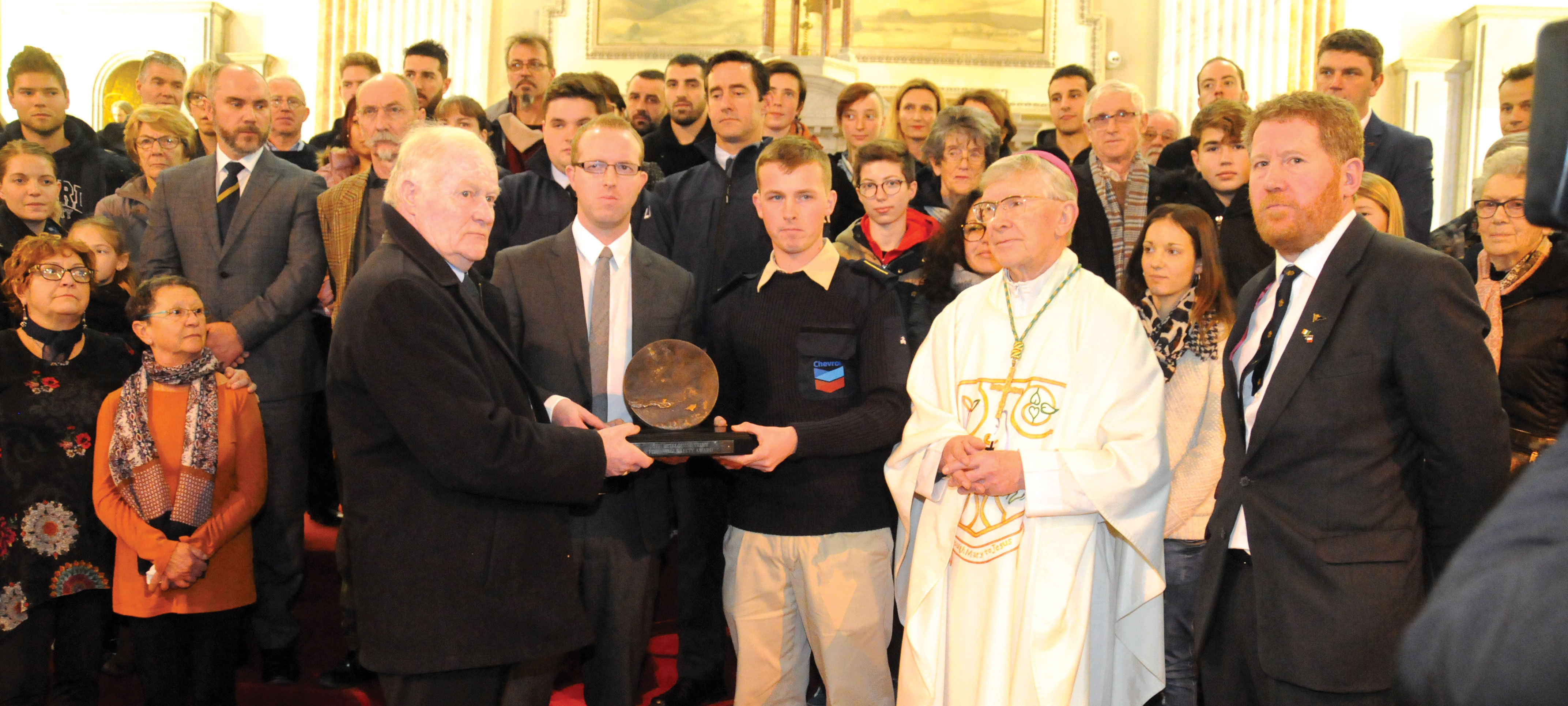 Chevron and National Maritime College of Ireland cadet Kean Kervick is pictured with John Fitzpatrick, Stewart Inglis from the International Chamber of Shipping, Bishop of Cork & Ross Dr John Buckley, and Michael Kingston, as he received this year's Betelgeuse Memorial Safety Award. Image: Southern Star
Image:Chevron and National Maritime College of Ireland cadet Kean Kervick is pictured with John Fitzpatrick, Stewart Inglis from the International Chamber of Shipping, Bishop of Cork & Ross Dr John Buckley, and Michael Kingston, as he received this year's Betelgeuse Memorial Safety Award. Image: Southern Star