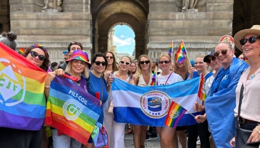 Trade unionists at the June 2025 Pride march in Paris. Image: ETF Image:Trade unionists at the June 2025 Pride march in Paris. Image: ETF