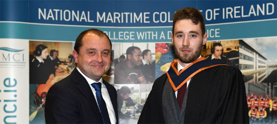 Pictured above is Dylan O'Shea, who has been awarded the title of ETO of the Year 2019 by the National Maritime College of Ireland. The award was sponsored by training company CTSS, whose managing director James O’Byrne can be seen making the presentation.
Dylan is a final year student of BEng in Marine Electrotechnology and a cadet of Chevron Shipping Company. Looking back on his training experience so far, he said: 'I always wanted to be an engineer (electrical in particular) and seafaring presented the best opportunity for me to work in heavy industry right from the beginning of my career.
'Getting my cadetship with Chevron, the company I was hoping for, was certainly a happy moment for me. The sea phase module was the most memorable part of the course. It was not without its challenges but definitely allowed me to develop professionally as well as personally.'
Image: Viv Gough Reporting: Peter Rahill Image:Pictured above is Dylan O'Shea, who has been awarded the title of ETO of the Year 2019 by the National Maritime College of Ireland. The award was sponsored by training company CTSS, whose managing director James O’Byrne can be seen making the presentation.
Dylan is a final year student of BEng in Marine Electrotechnology and a cadet of Chevron Shipping Company. Looking back on his training experience so far, he said: 'I always wanted to be an engineer (electrical in particular) and seafaring presented the best opportunity for me to work in heavy industry right from the beginning of my career.
'Getting my cadetship with Chevron, the company I was hoping for, was certainly a happy moment for me. The sea phase module was the most memorable part of the course. It was not without its challenges but definitely allowed me to develop professionally as well as personally.'
Image: Viv Gough Reporting: Peter Rahill