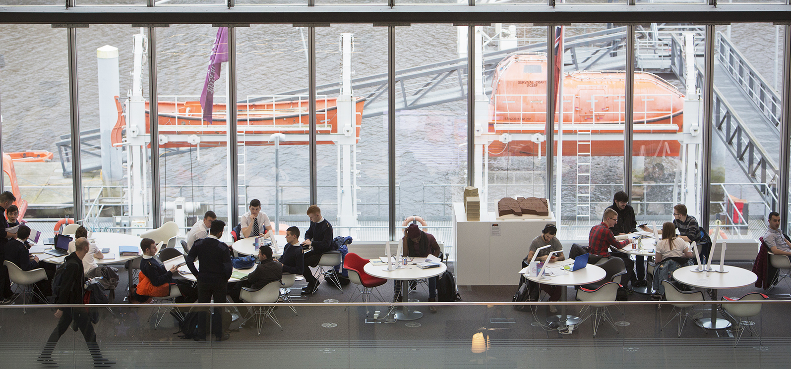 Trainees take a break on the Glasgow riverside campus at the Faculty of Nautical Studies. Image:Trainees take a break on the Glasgow riverside campus at the Faculty of Nautical Studies.