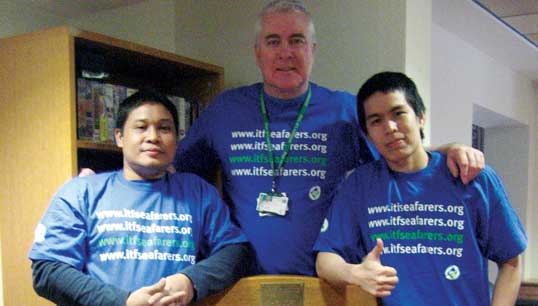 Nautilus ITF ship inspector Tommy Molloy in pre-lockdown times with some seafarers he has helped from the Grain Exress. Image:Nautilus ITF ship inspector Tommy Molloy in pre-lockdown times with some seafarers he has helped from the Grain Exress.