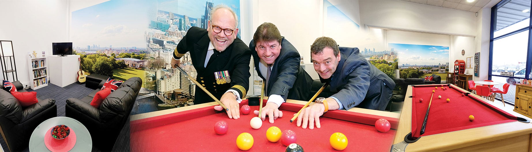 L-R Harbour master Colin Hitchcock, Stephen Metcalfe MP and QVSR chief executive Alexander Campbell try out the new pool table after the opening ceremony. Image: QVSR Image:L-R Harbour master Colin Hitchcock, Stephen Metcalfe MP and QVSR chief executive Alexander Campbell try out the new pool table after the opening ceremony. Image: QVSR