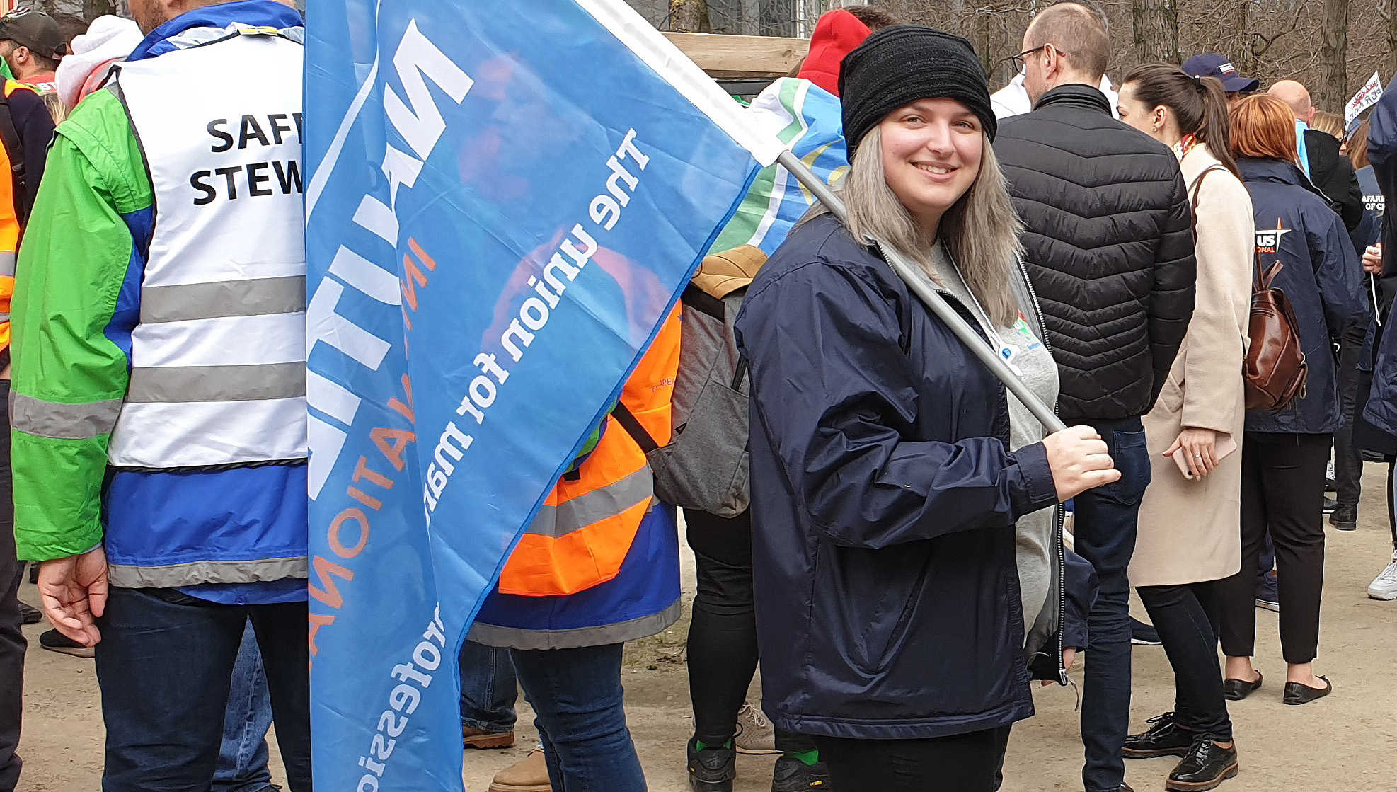 Second officer Sam Belfitt attending the Fair Transport Europe campaign in 2019 as part of the Union's Young Maritime Professionals delegation. Image:Second officer Sam Belfitt attending the Fair Transport Europe campaign in 2019 as part of the Union's Young Maritime Professionals delegation.