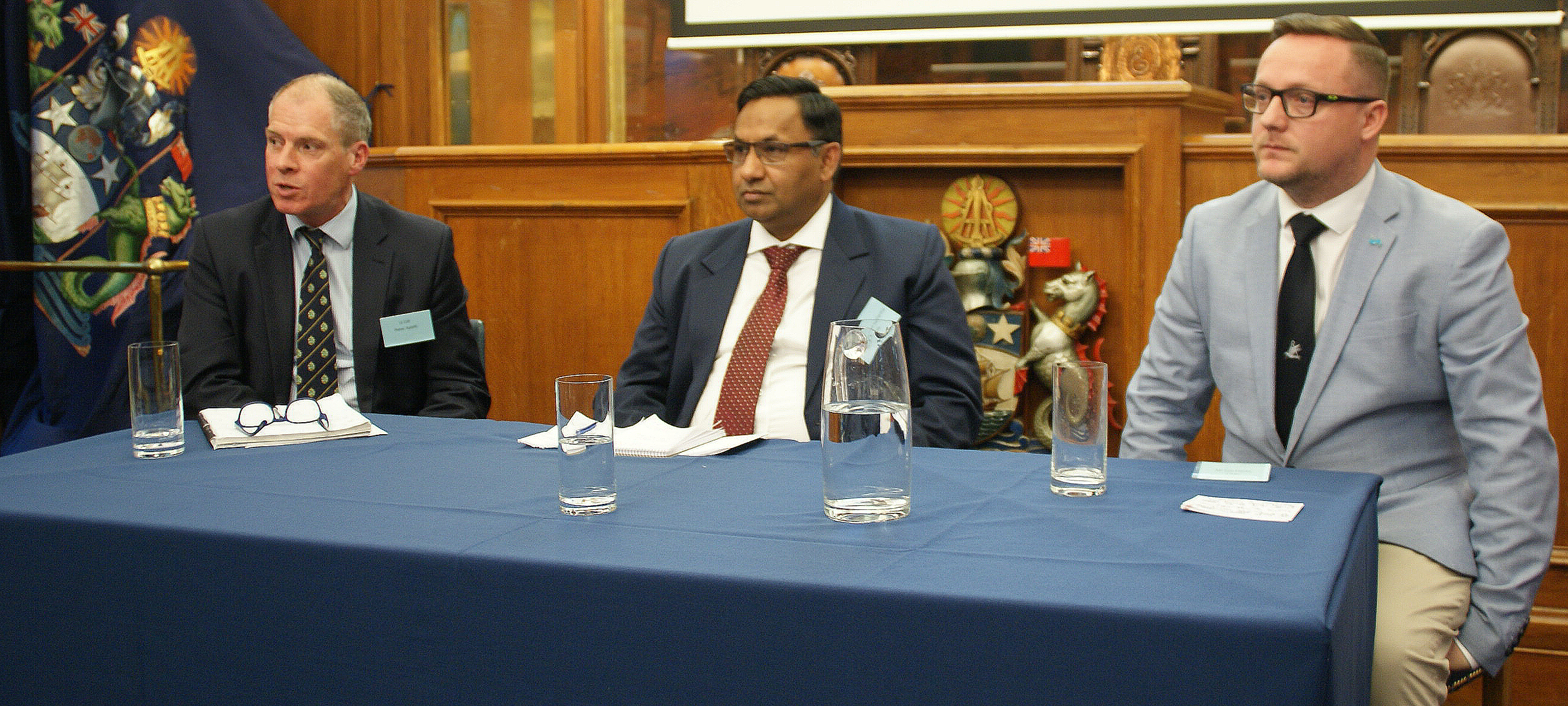 Left to right: Peter Aylott, of the Honourable Company of Master Mariners; Nautical Institute training and accreditation development manager Captain Maneesh Varma; and V.Group cadet training officer Lee Clarke. Image:Left to right: Peter Aylott, of the Honourable Company of Master Mariners; Nautical Institute training and accreditation development manager Captain Maneesh Varma; and V.Group cadet training officer Lee Clarke.