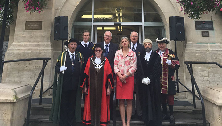 Dignitaries mark Merchant Navy Day 2019 at Chippenham Town Hall in Wiltshire, joined by Nautilus member George Belcher (back left) Image:Dignitaries mark Merchant Navy Day 2019 at Chippenham Town Hall in Wiltshire, joined by Nautilus member George Belcher (back left)