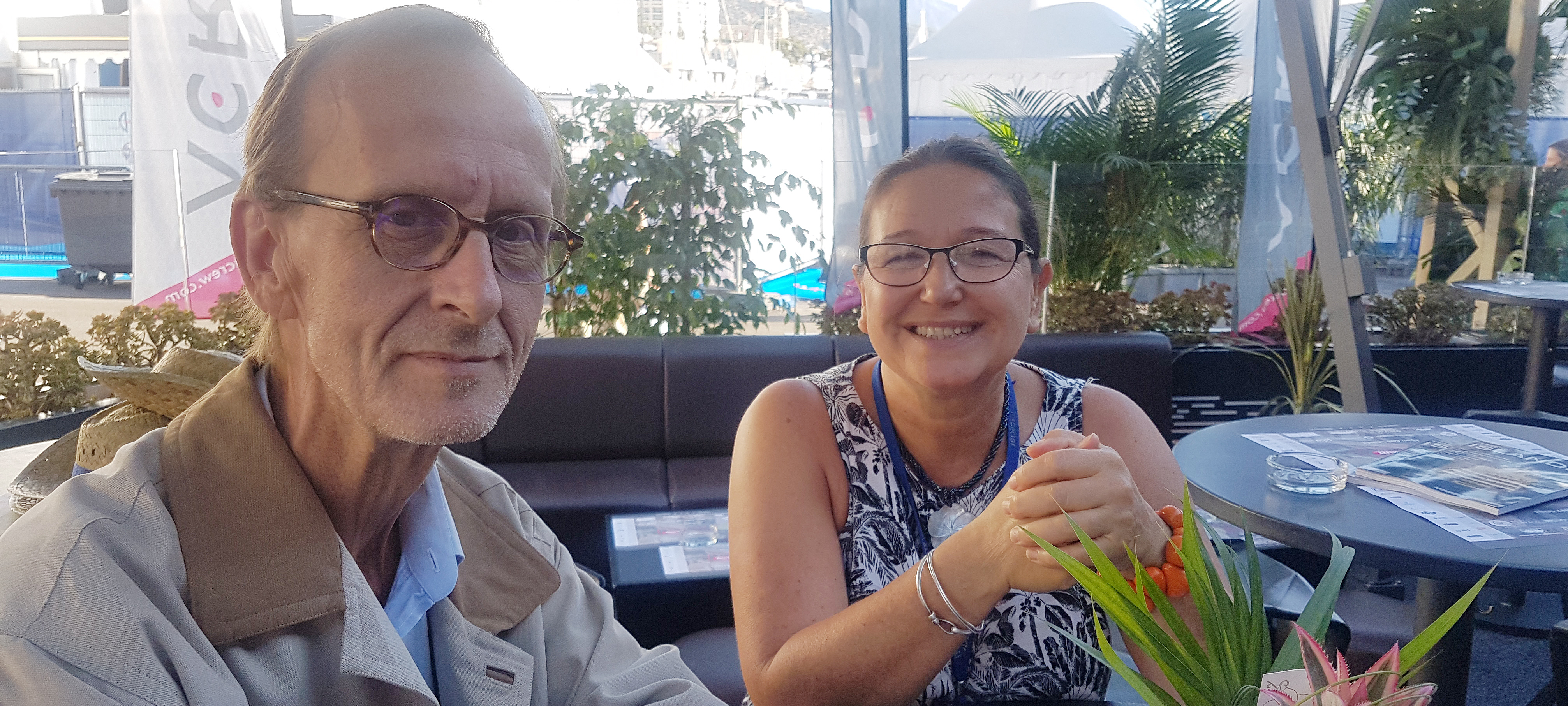 Jorg Wendt of Antibes-based D&B Services and Corine Archambaud of CFDT at the Union's drop in. Image:Jorg Wendt of Antibes-based D&B Services and Corine Archambaud of CFDT at the Union's drop in.