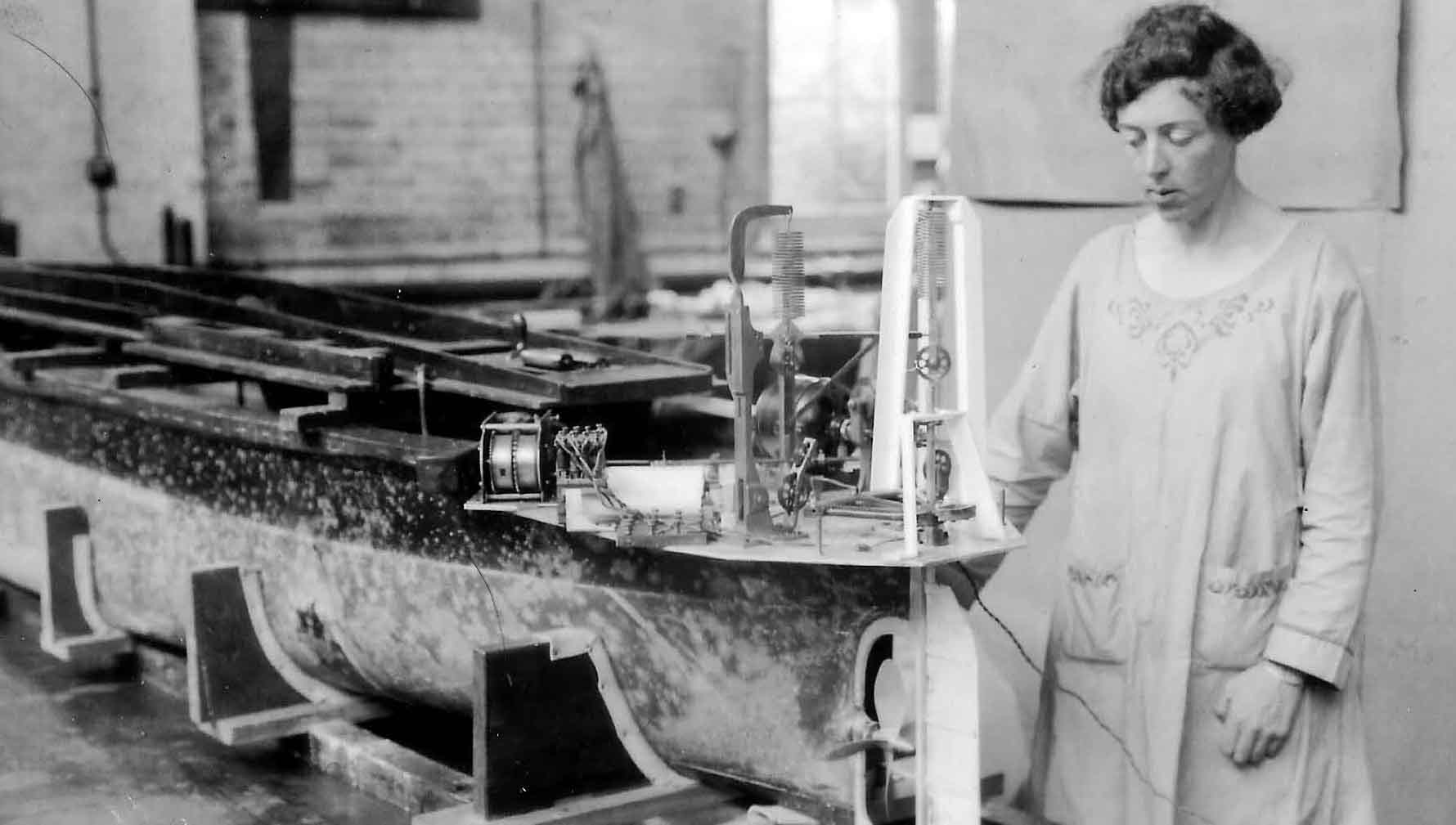 Eily Keary working at Teddington’s National Test Tank helping design a destroyer that could do 39 knots. Sir Alfred Yarrow, the honorary vicepresident of what was then known as INA, saw her achievement as ‘a very fine recommendation in favour of the ladies joining.’ Image: courtesy of Peter Smith-Keary Image:Eily Keary working at Teddington’s National Test Tank helping design a destroyer that could do 39 knots. Sir Alfred Yarrow, the honorary vicepresident of what was then known as INA, saw her achievement as ‘a very fine recommendation in favour of the ladies joining.’ Image: courtesy of Peter Smith-Keary