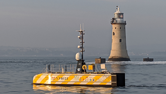 SEA-KIT's first uncrewed survey vessel Maxlimer as it appeared when it was entered for the Shell Ocean Discovery X Prize for remote surveying. Image: Sonardyne International
Image:SEA-KIT's first uncrewed survey vessel Maxlimer as it appeared when it was entered for the Shell Ocean Discovery X Prize for remote surveying. Image: Sonardyne International