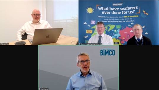 Speakers at the 2024 Nautilus UK Branch Conference, clockwise from top left: Matt Frank of Acoris, Iain MacKenzie and Mark Dickinson of Nautilus, Grant Hunter of BIMCO. Image: screenshot of online conference Image:Speakers at the 2024 Nautilus UK Branch Conference, clockwise from top left: Matt Frank of Acoris, Iain MacKenzie and Mark Dickinson of Nautilus, Grant Hunter of BIMCO. Image: screenshot of online conference