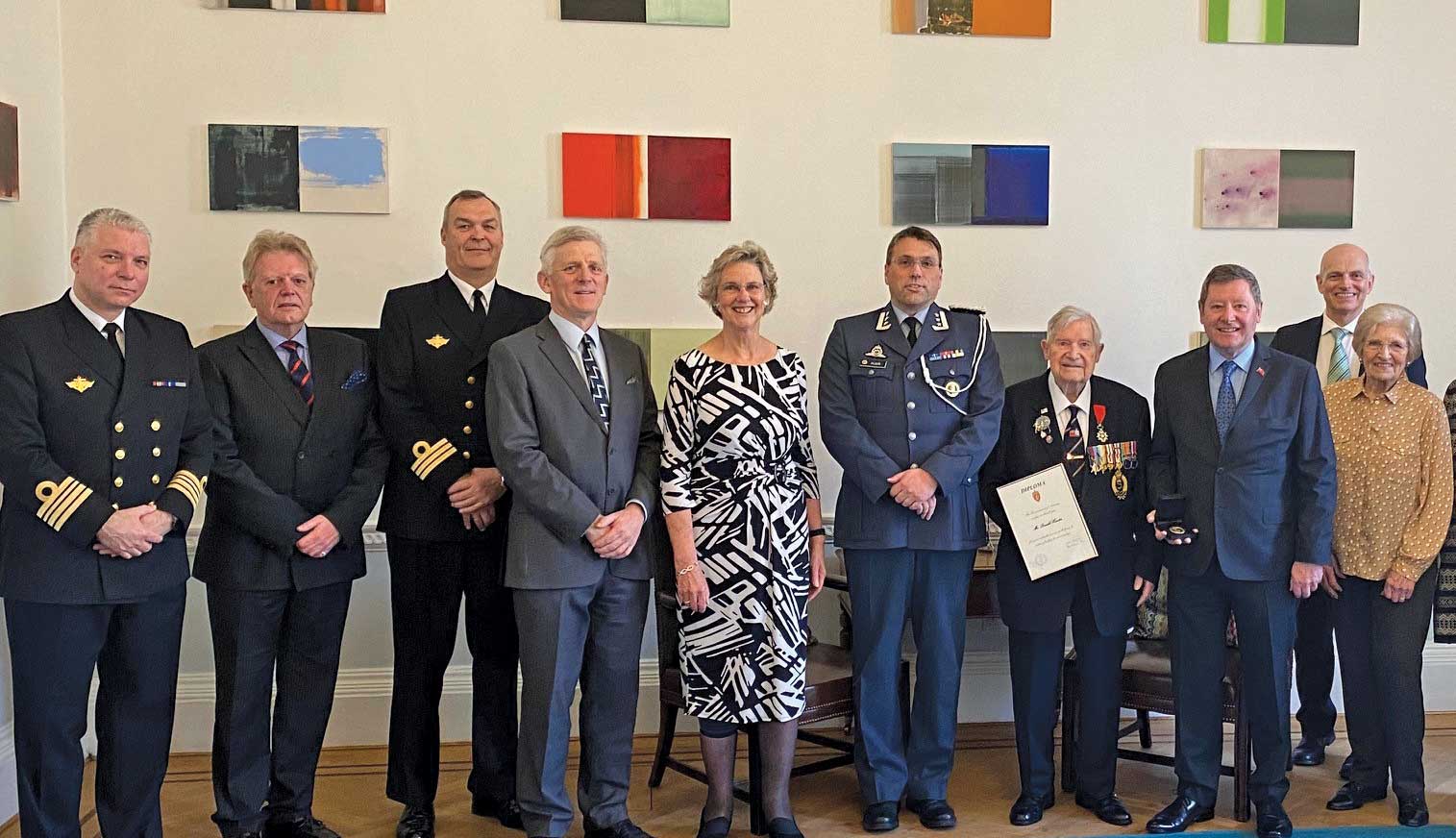 Mr Hunter at the Norwegian embassy after being presented with the Norwegian King's Commemoratice Medal. L-R: Cdr Kenneth Zachariassen, Stephen Fry, Cdr Ragnar Johannessen, Cdr Nicholas Chatwin, Susan Keane, Colonel John Andreas Olsen, Donald Hunter, Ian Hunter, Keith Oakley, Barbara Oakley. Also present, Linda Oakley and Roger Round Image:Mr Hunter at the Norwegian embassy after being presented with the Norwegian King's Commemoratice Medal. L-R: Cdr Kenneth Zachariassen, Stephen Fry, Cdr Ragnar Johannessen, Cdr Nicholas Chatwin, Susan Keane, Colonel John Andreas Olsen, Donald Hunter, Ian Hunter, Keith Oakley, Barbara Oakley. Also present, Linda Oakley and Roger Round