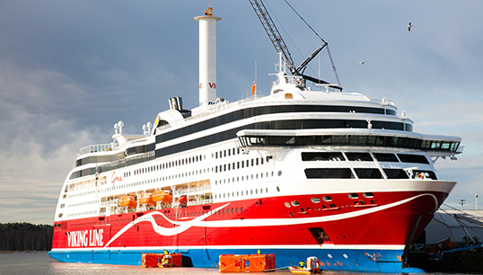 The cruise ferry Viking Grace having its chimney-shaped rotor sail installed in 2018. In April 2021 it was reported that the three-year trial of the Norsepower device had been successful. Image: Viking Line Image:The cruise ferry Viking Grace having its chimney-shaped rotor sail installed in 2018. In April 2021 it was reported that the three-year trial of the Norsepower device had been successful. Image: Viking Line