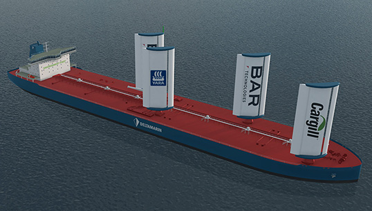 An artist's impression of the planned WindWings system in development by BAR Technologies and Yara Marine Technologies Image:An artist's impression of the planned WindWings system in development by BAR Technologies and Yara Marine Technologies