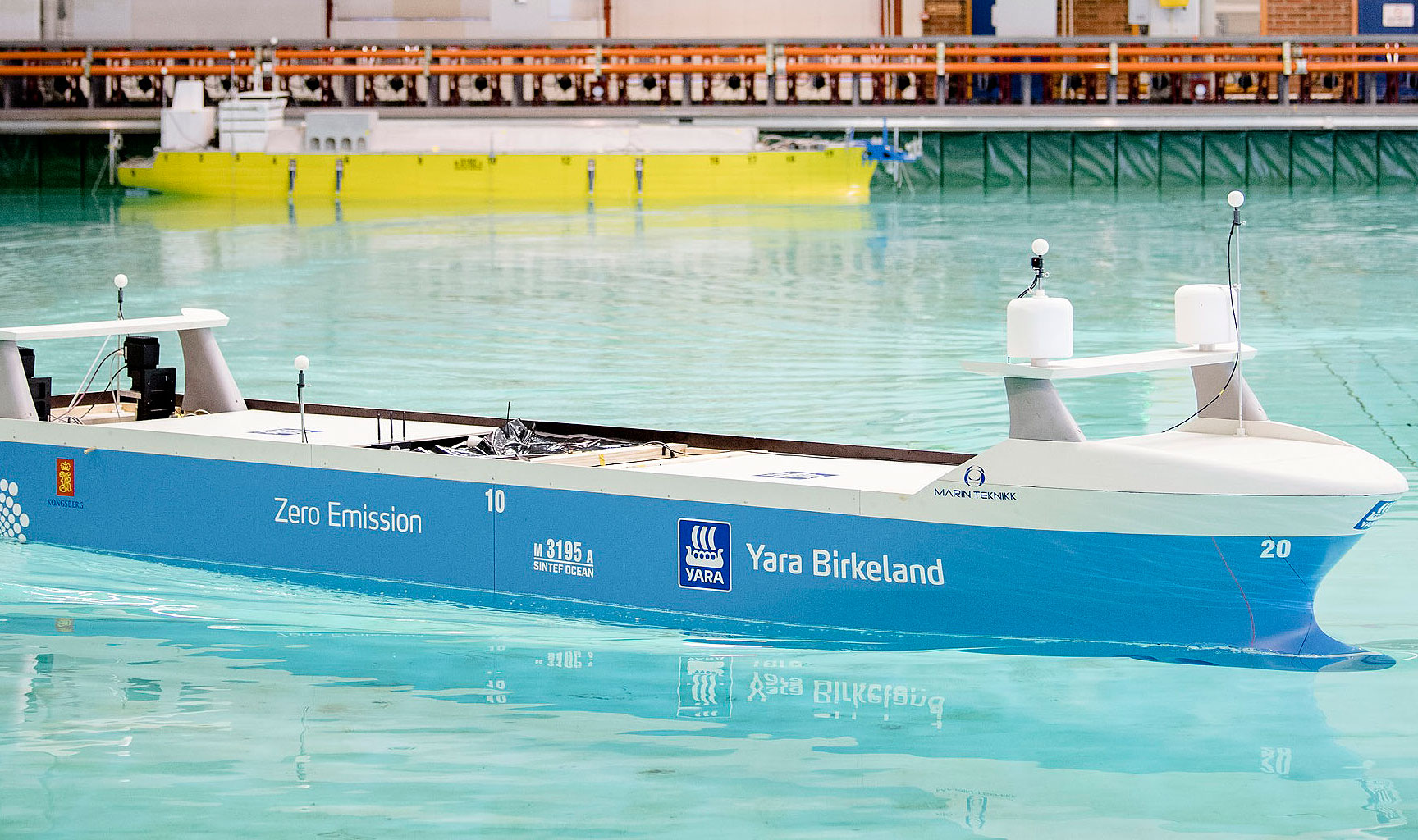 Model tests of the Yara Birkeland, which is set to be the world's first autonomous, zero-emissions shortsea cargo vessel and is due to come into service early in 2020 Image:Model tests of the Yara Birkeland, which is set to be the world's first autonomous, zero-emissions shortsea cargo vessel and is due to come into service early in 2020