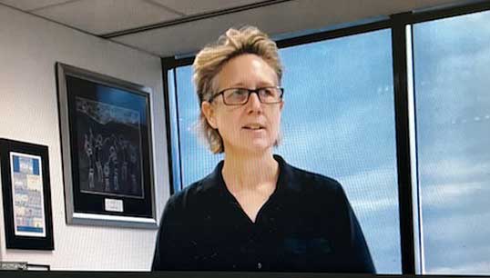 ACTU secretary Sally McManus addressing the videoconference meeting. Image: Martin Byrne, AIMPE.
Image:ACTU secretary Sally McManus addressing the videoconference meeting. Image: Martin Byrne, AIMPE.
