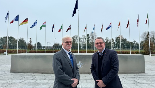 Captain Don Marcus, president of the International Organization of Masters, Mates and Pilots (left) with Mark Dickinson, general secretary of Nautilus International and director of the Nautilus Federation, at NATO Headquarters, Brussels, on 5 November 2024.
Image: Nautilus International Image:Captain Don Marcus, president of the International Organization of Masters, Mates and Pilots (left) with Mark Dickinson, general secretary of Nautilus International and director of the Nautilus Federation, at NATO Headquarters, Brussels, on 5 November 2024.
Image: Nautilus International
