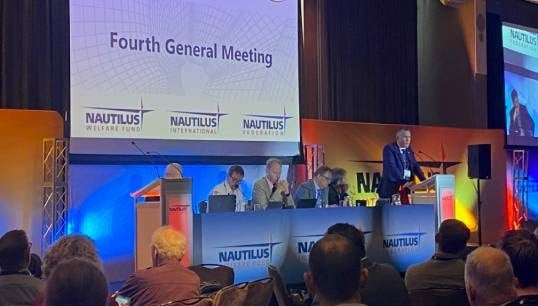 Nautilus council member Fraser Matthew proposing the motion Review of One Union support for Cadets to the 2023 Nautilus International General Meeting. Image: Nautilus International Image:Nautilus council member Fraser Matthew proposing the motion Review of One Union support for Cadets to the 2023 Nautilus International General Meeting. Image: Nautilus International
