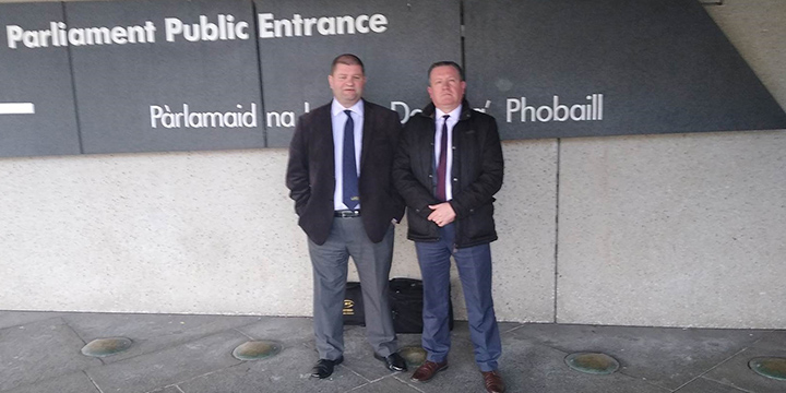 Nautilus national ferry organiser Micky Smyth (right) at the Scottish parliament building with Gordon Martin of the RMT union Image:Nautilus national ferry organiser Micky Smyth (right) at the Scottish parliament building with Gordon Martin of the RMT union