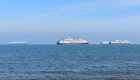 Four cruiseships at anchor in Tor Bay in Devon, England during the covid-19 pandemic. Image: Wikimedia Commons Image:Four cruiseships at anchor in Tor Bay in Devon, England during the covid-19 pandemic. Image: Wikimedia Commons