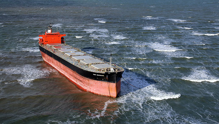 The 77,171dwt Glory Amsterdam had drifted onto a sandbank in hurricane force winds during a storm. Image:The 77,171dwt Glory Amsterdam had drifted onto a sandbank in hurricane force winds during a storm.